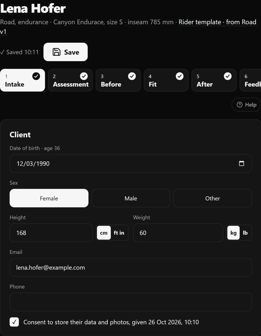 Intake: the rider's details